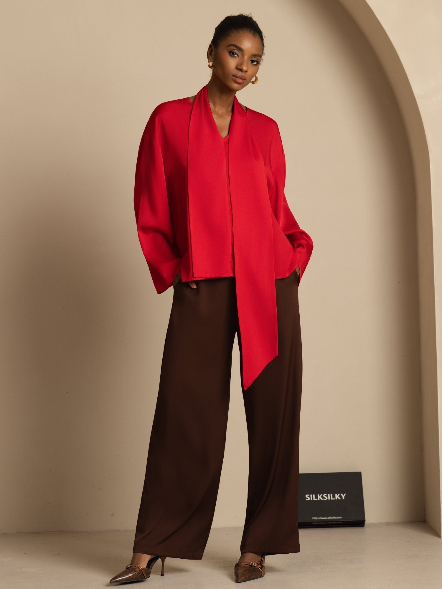 [Vin] SilkSilky-NO 19Momme Silke Langermet V Hals Bluse 006