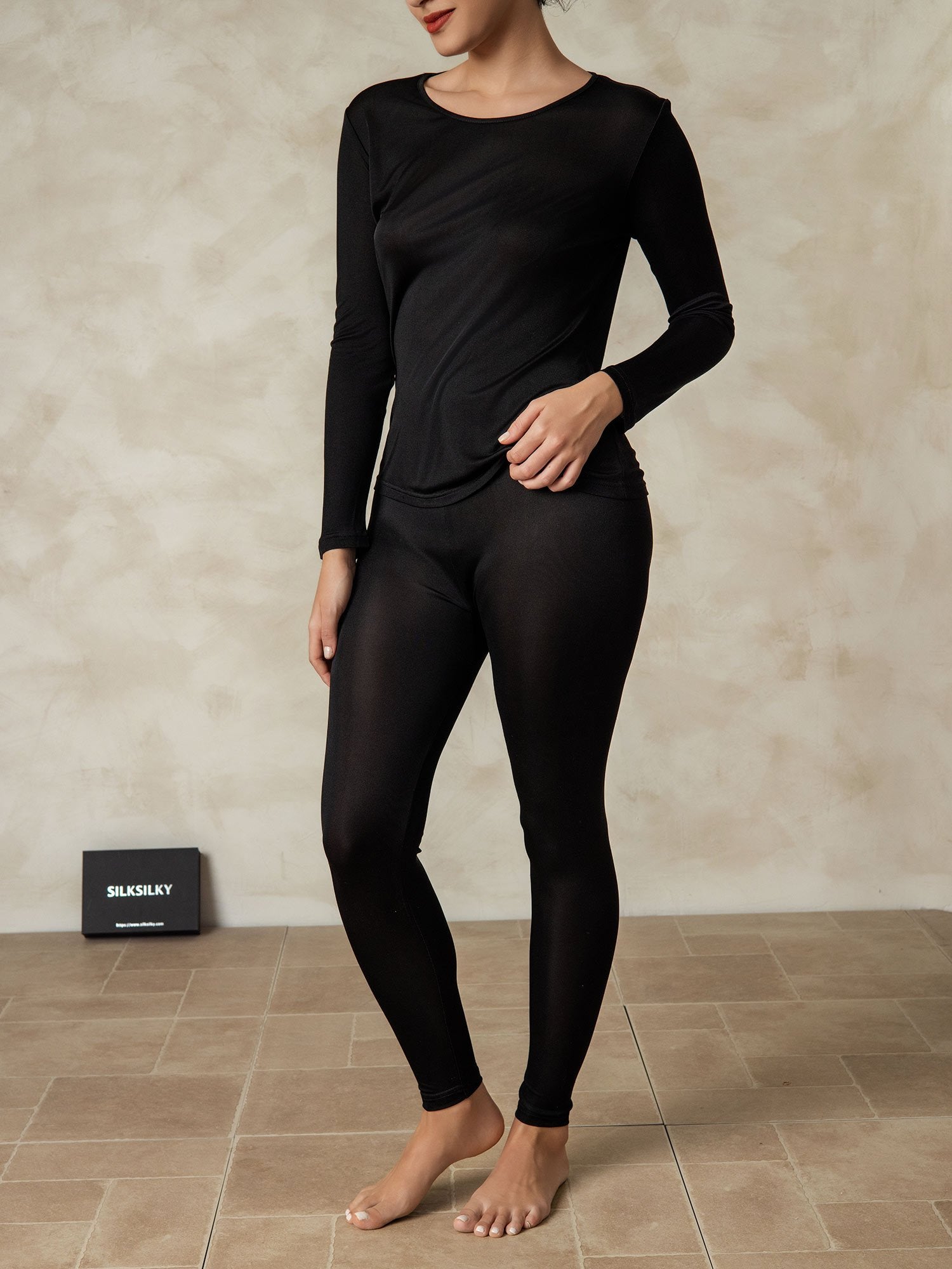 [Svart] SilkSilky-NO Silke Womens Pajamas 004