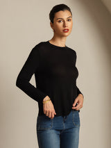 [Svart] SilkSilky-NO Long Sleeve Crew Neck T-skjorte for Kvinner 006