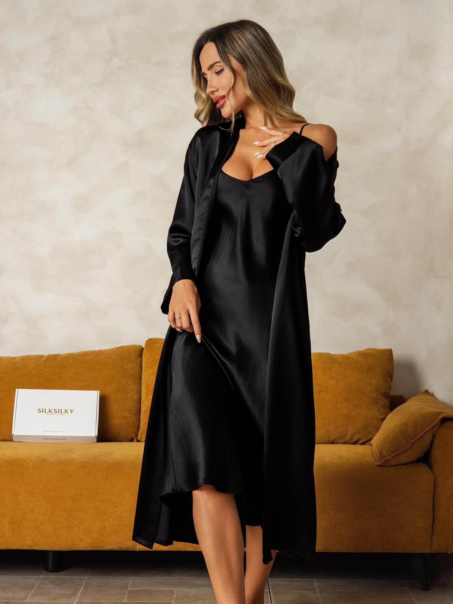 [Svart] SilkSilky-NO Silke Nightgown&Robe Set 003