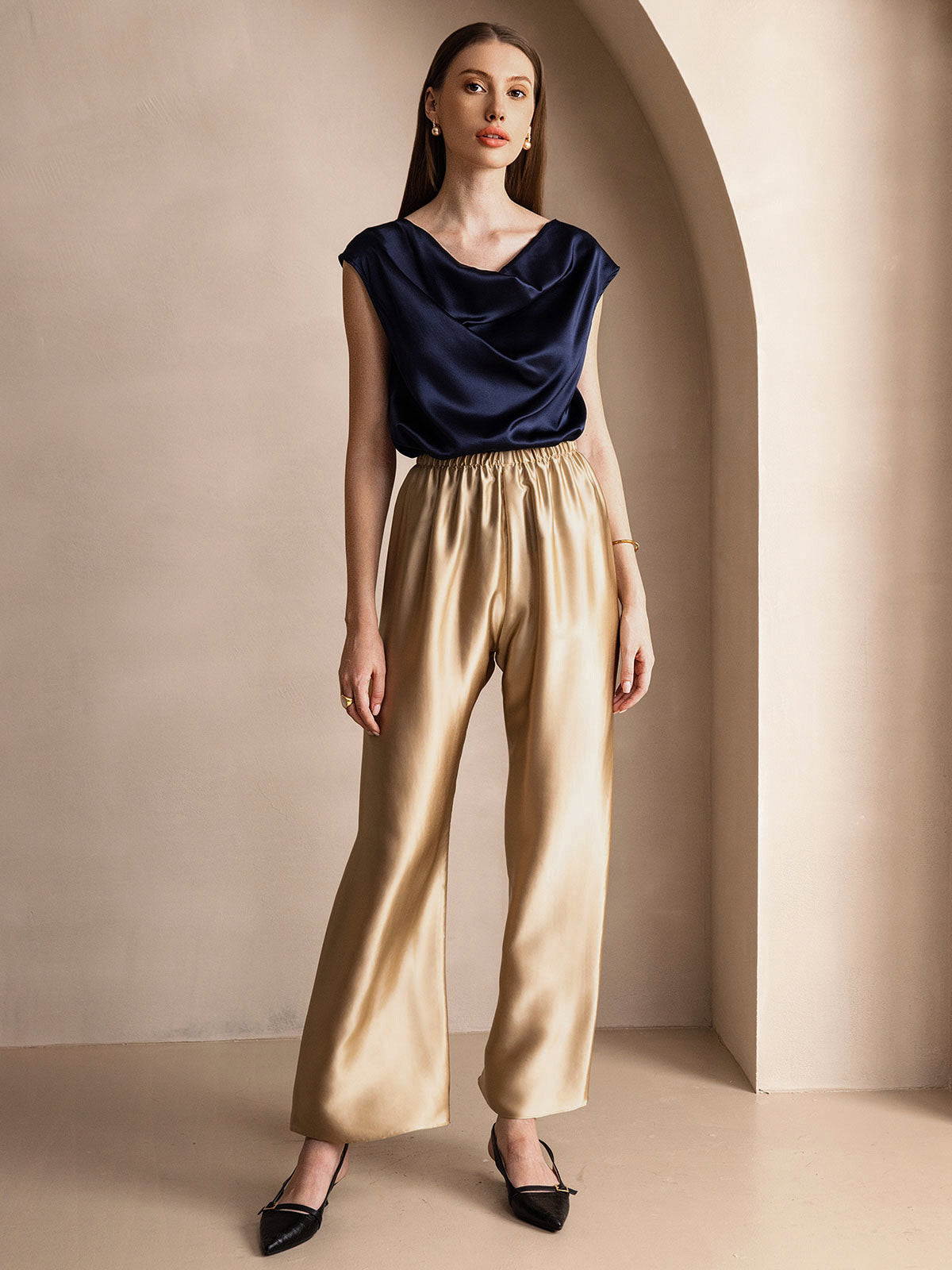 [Mørke blå] SilkSilky-NO 19Momme Silke Cowl Neck T-skjorte for Kvinner 006