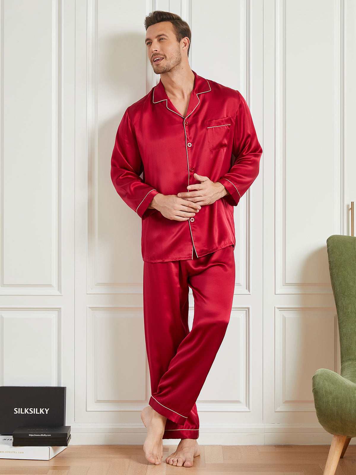 [Rød] SilkSilky-NO 19Momme Mens Pajamas 002