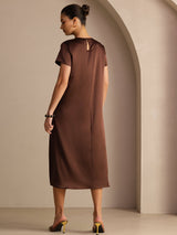 [Mørk Sjokolade] SilkSilky-NO Short Sleeve Round Neck Kjole 002