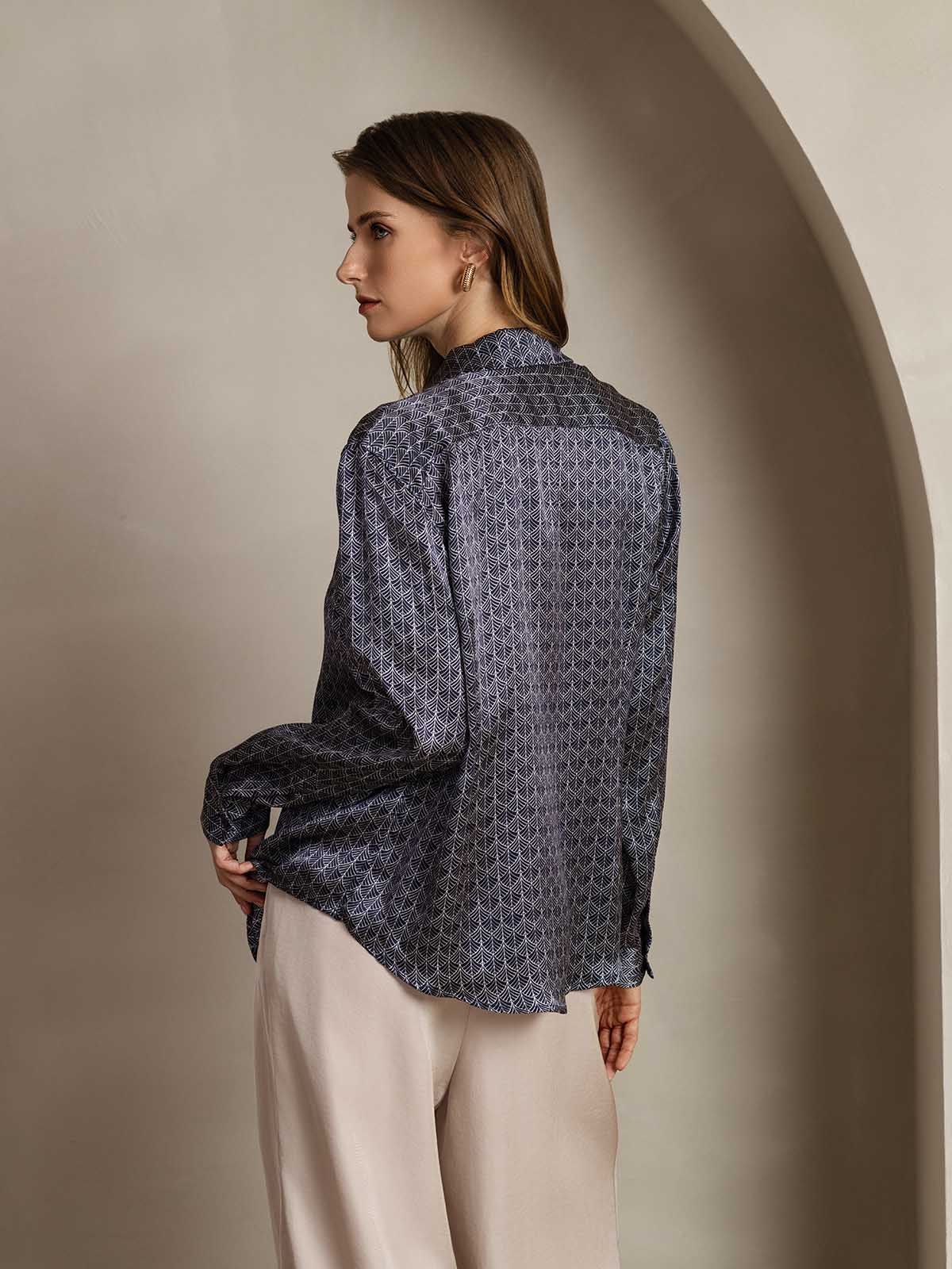 [Marine Ginkgo] SilkSilky-NO Silke Lapel Collar Skjorte for Kvinner 002