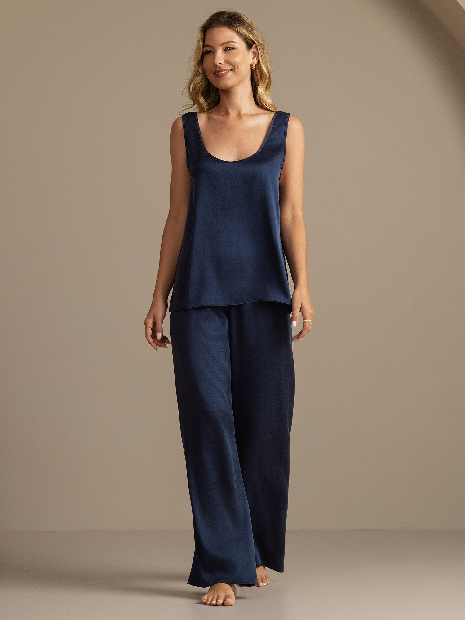 [Mørke blå] SilkSilky-NO 19Momme Silke Womens Pajamas 006,