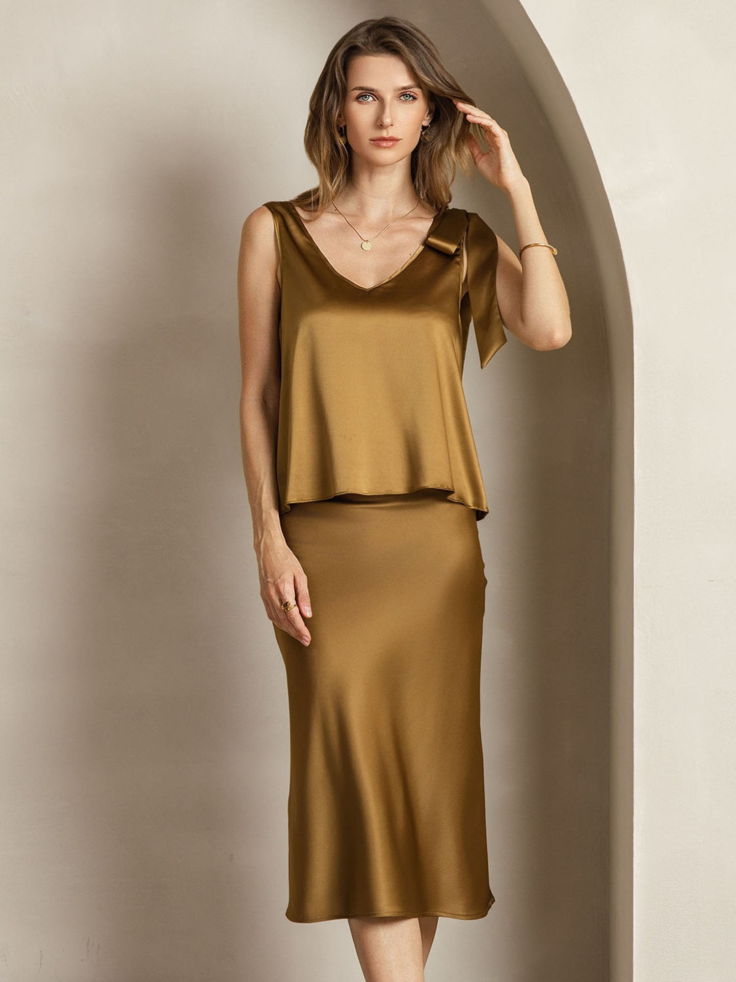 [Bronse] SilkSilky-NO 19Momme Silke V-Hals Women''s Outfit Sets 004