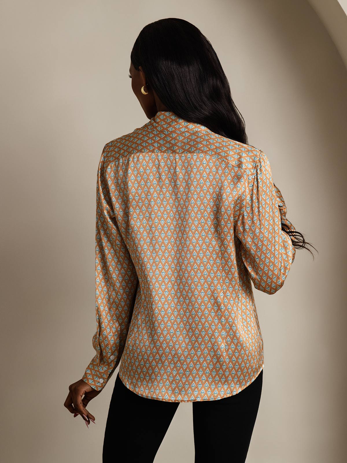 [Floral] SilkSilky-NO Silke Long Sleeve Collar Skjorte for Kvinner 002