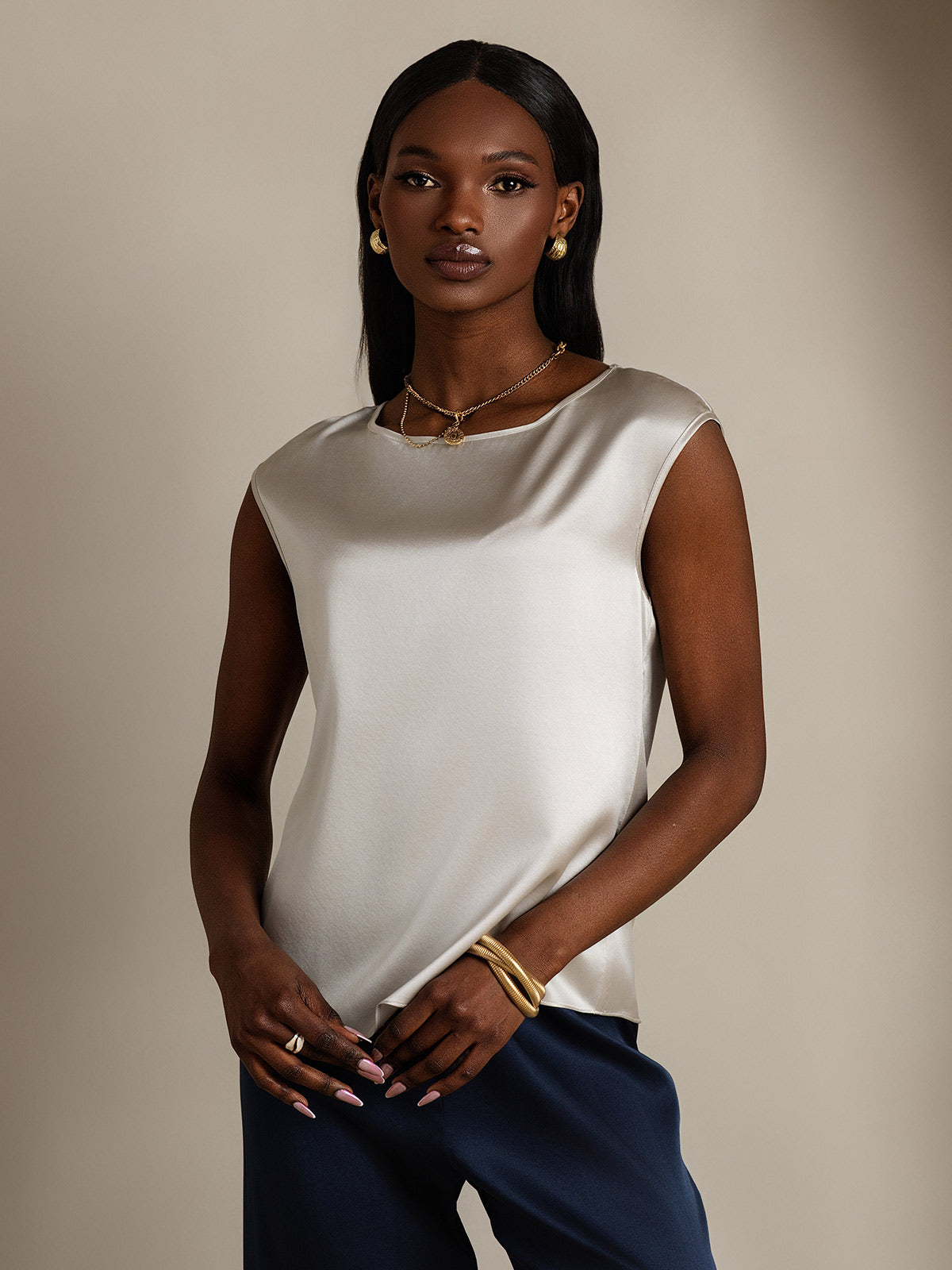[Lysegrå] SilkSilky-NO 19Momme Silke Womens T-Shirt 003