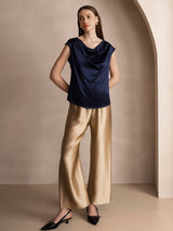 [Mørke blå] SilkSilky-NO Cap Sleeve Cowl Neck T-skjorte for Kvinner 008