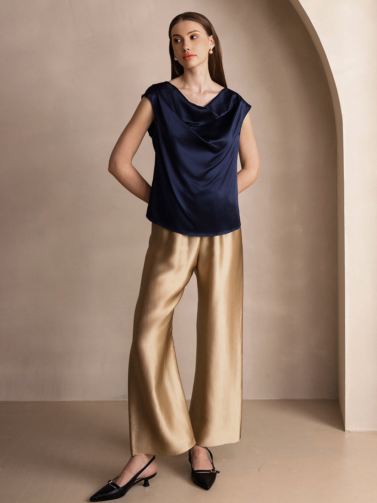 [Mørke blå] SilkSilky-NO 19Momme Silke Cowl Neck T-skjorte for Kvinner 008