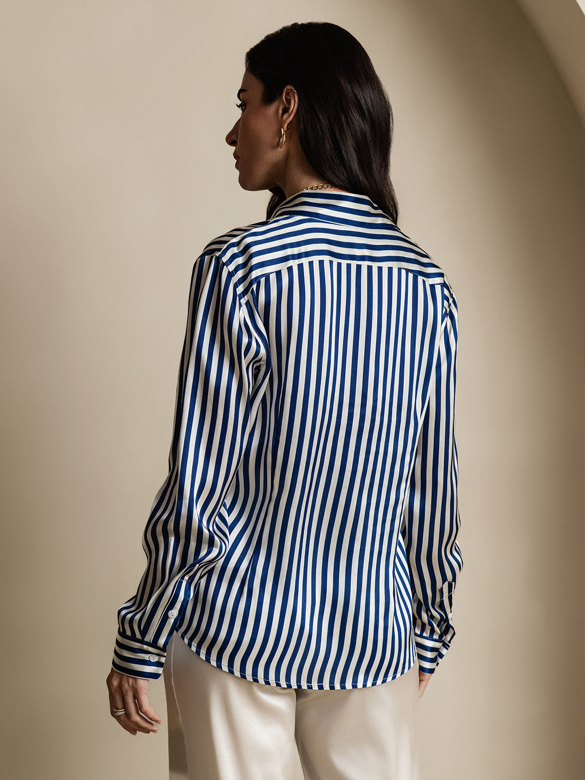 [Blå] SilkSilky-NO Silke Long Sleeve Collar Skjorte for Kvinner 002
