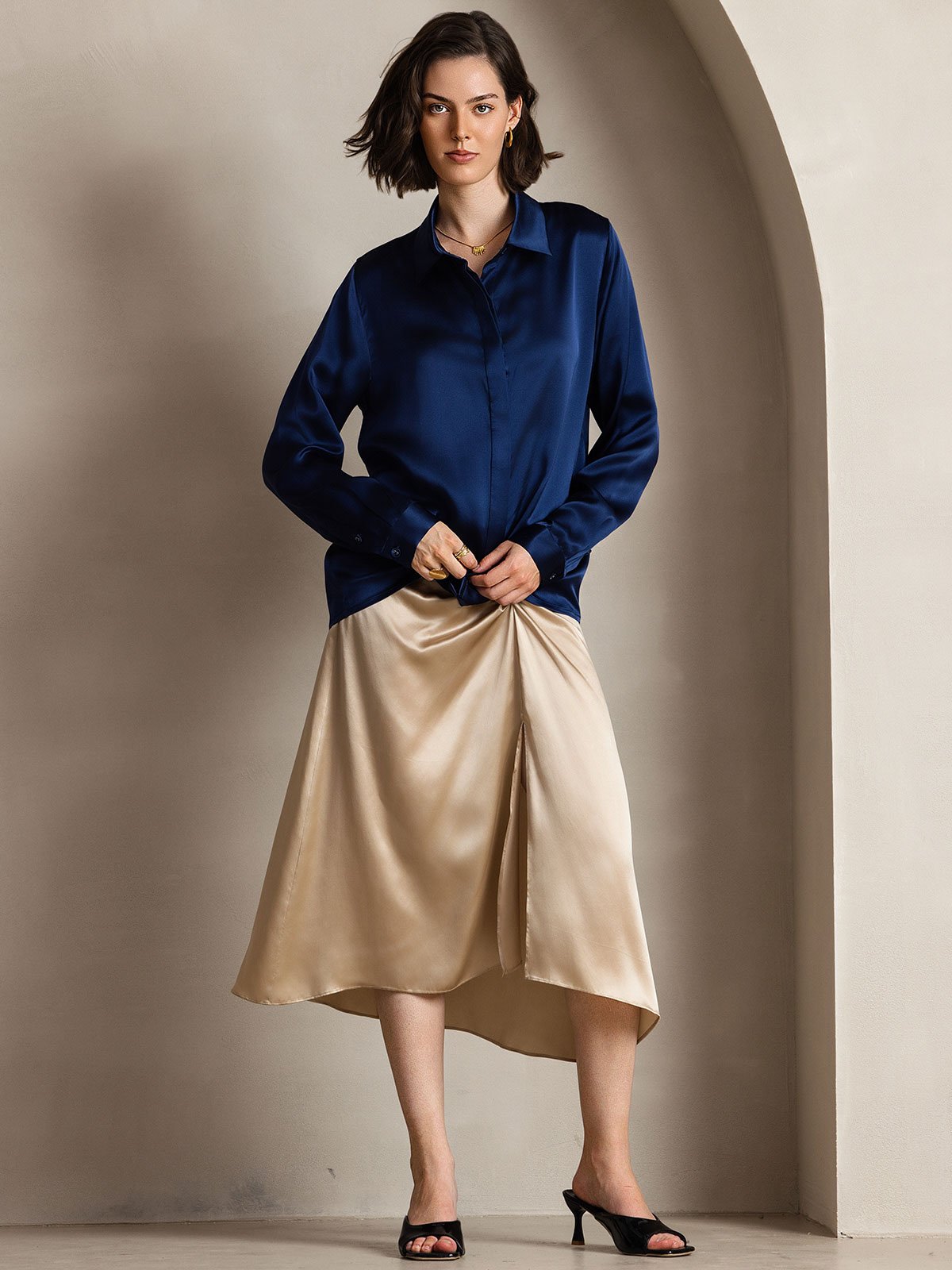 [Mørke blå] SilkSilky-NO 19Momme Silke Womens Shirt 003