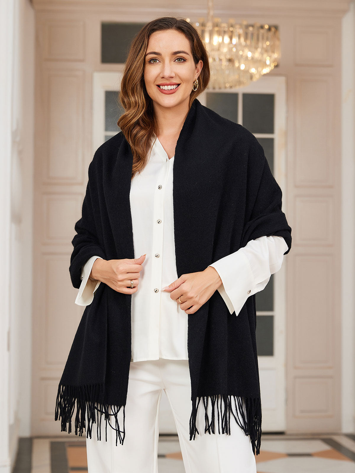 [Svart] SilkSilky-NO Ull Scarf 002