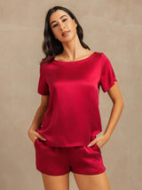 [Vin] SilkSilky-NO 19Momme Kort erm Rund Hals Pyjamas for Kvinner 001