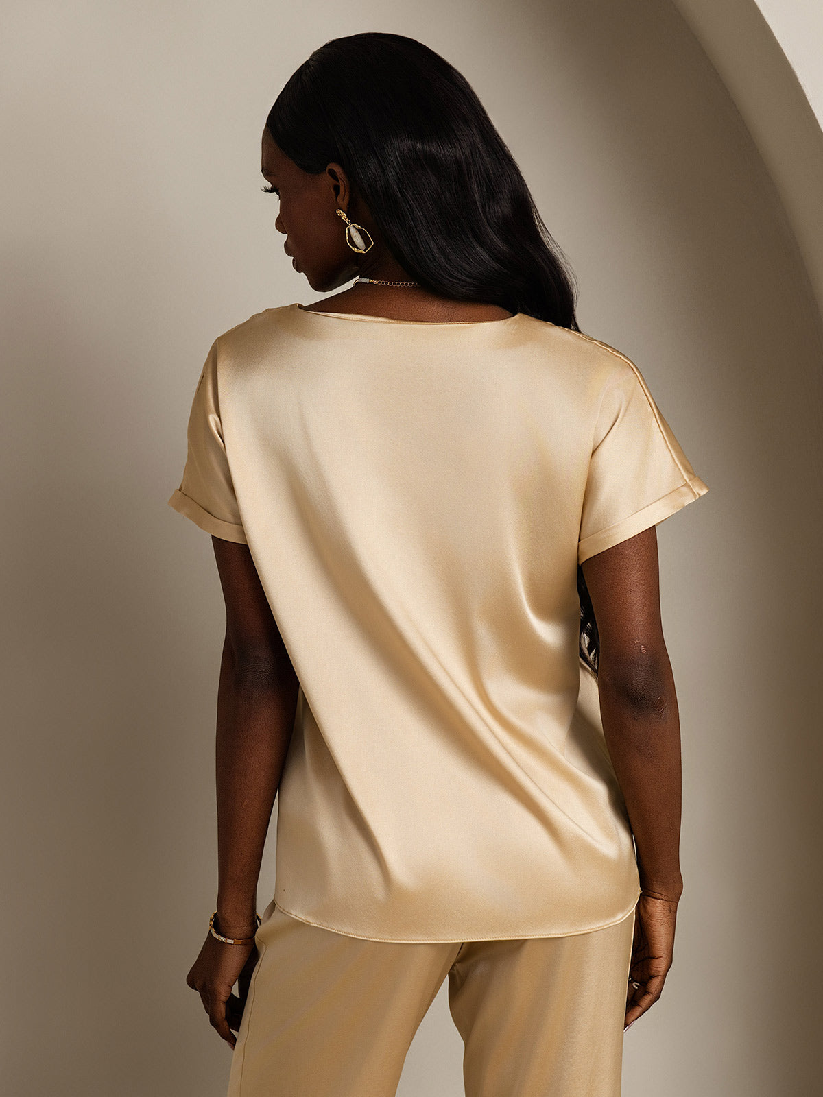 [Champagne] SilkSilky-NO 19Momme Silke Womens T-Shirt 002