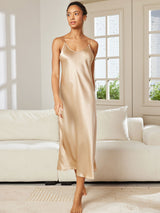 [Champagne] SilkSilky-NO Spaghetti Strap V Neck Nattkjole 004