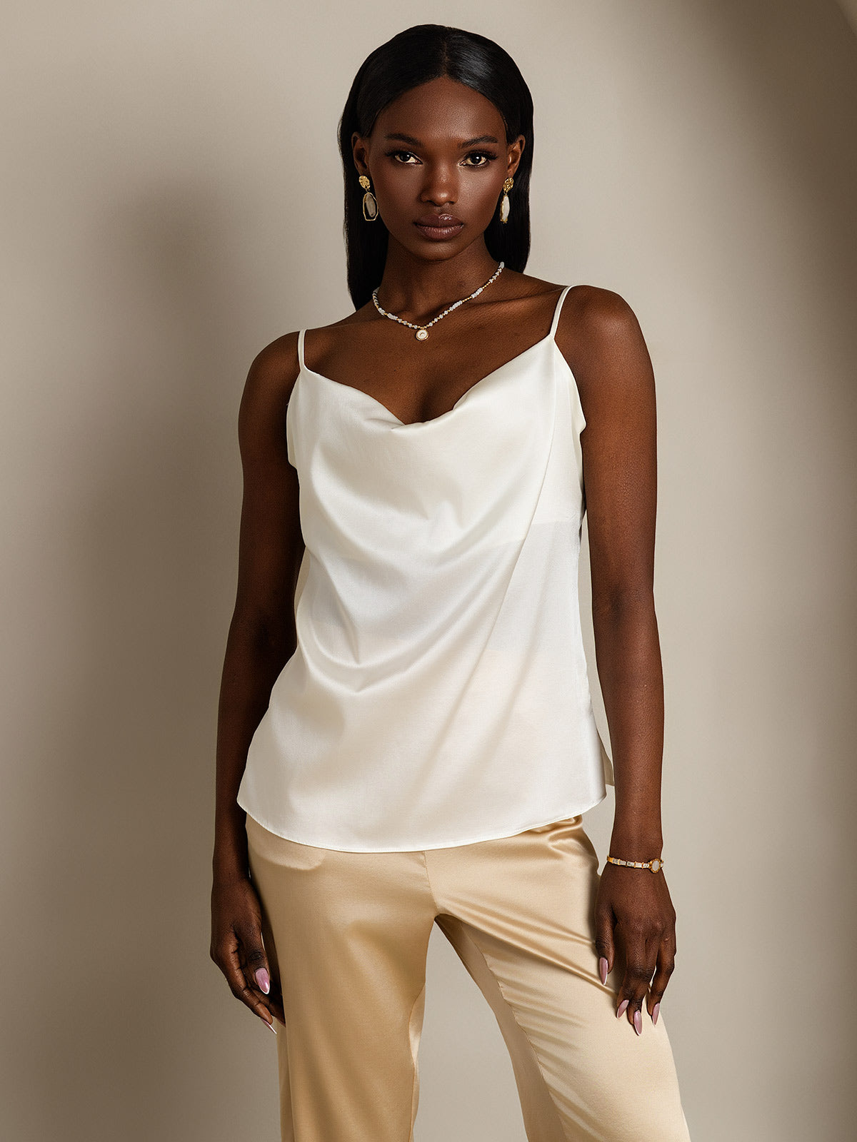 [Hvit] SilkSilky-NO 19Momme Silke Cowl Neck Camisole Topp 001