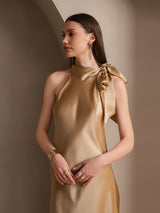 [Champagne] SilkSilky-NO Sleeveless Halterneck Kjole 004