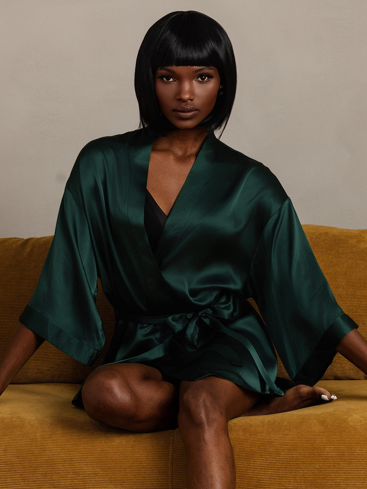 [Mørk Grønn] SilkSilky-NO Pure Silk Half Sleeve Womens Robe 003