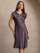 [Lilla Grå] SilkSilky-NO Cap Sleeve V Neck Nattkjole 004