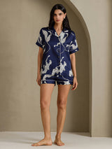 [Marineblå Gepard] SilkSilky-NO Short Sleeve Notch Collar Pyjamas for Kvinner 007