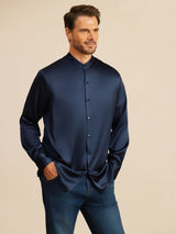 [Mørke blå] SilkSilky-NO Long Sleeve Stand Collar Skjorte for Menn 006