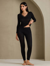 [Svart] SilkSilky-NO Long Sleeve V Neck Dame Langt Undertøy 004