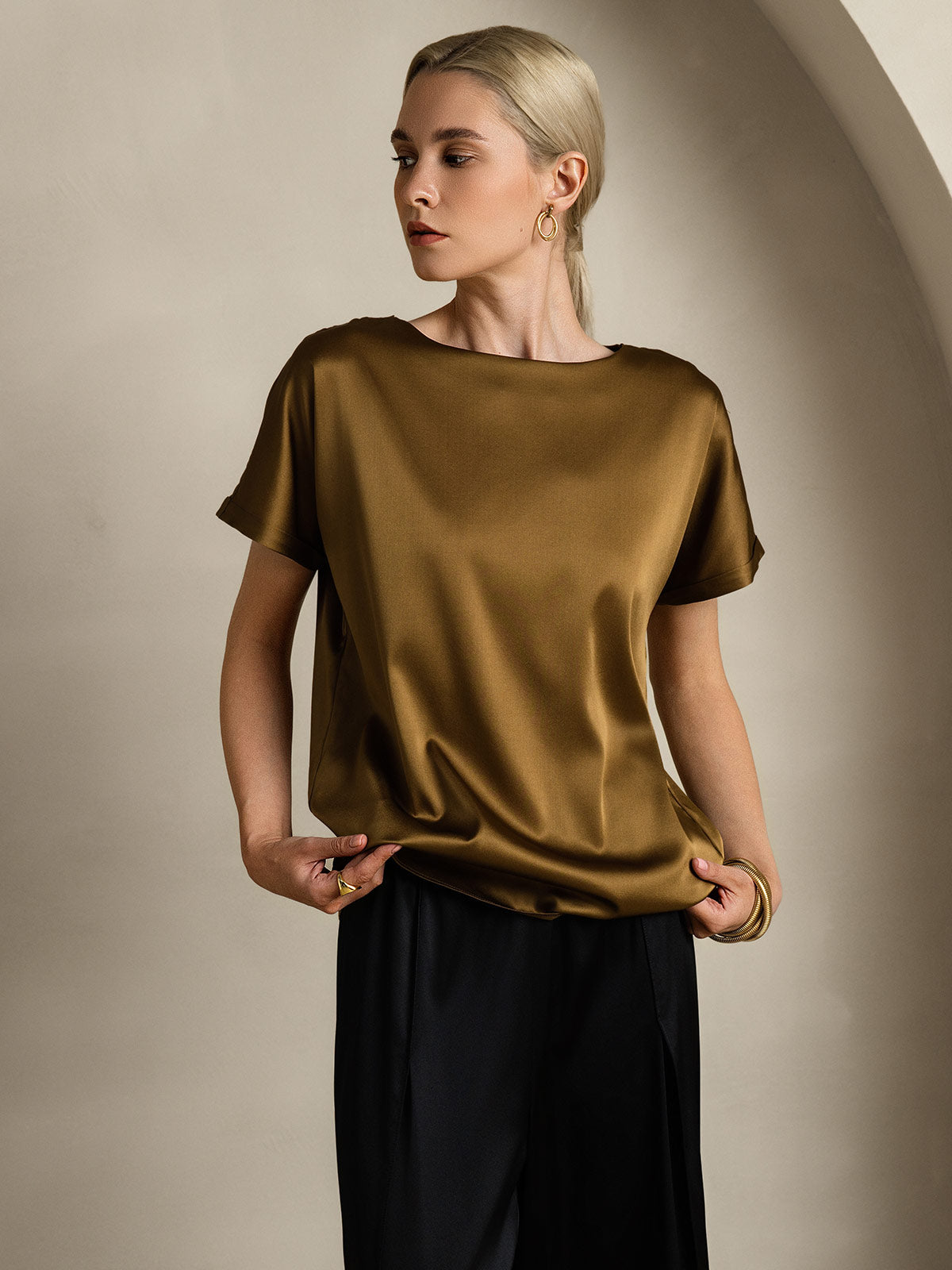 [Brun] SilkSilky-NO 19Momme Silke Womens T-Shirt 004