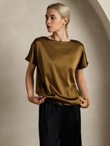 [Brun] SilkSilky-NO 19Momme Kort erm Båtringning T-skjorte for Kvinner 004