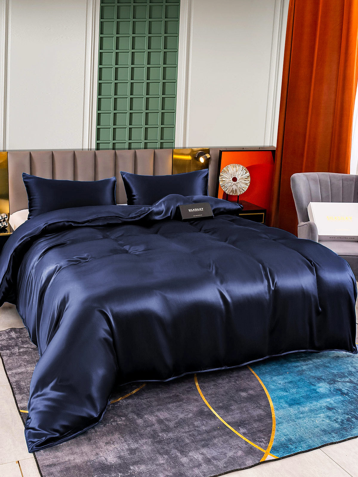 [Mørke blå] SilkSilky-NO 25Momme Bedding Set 004
