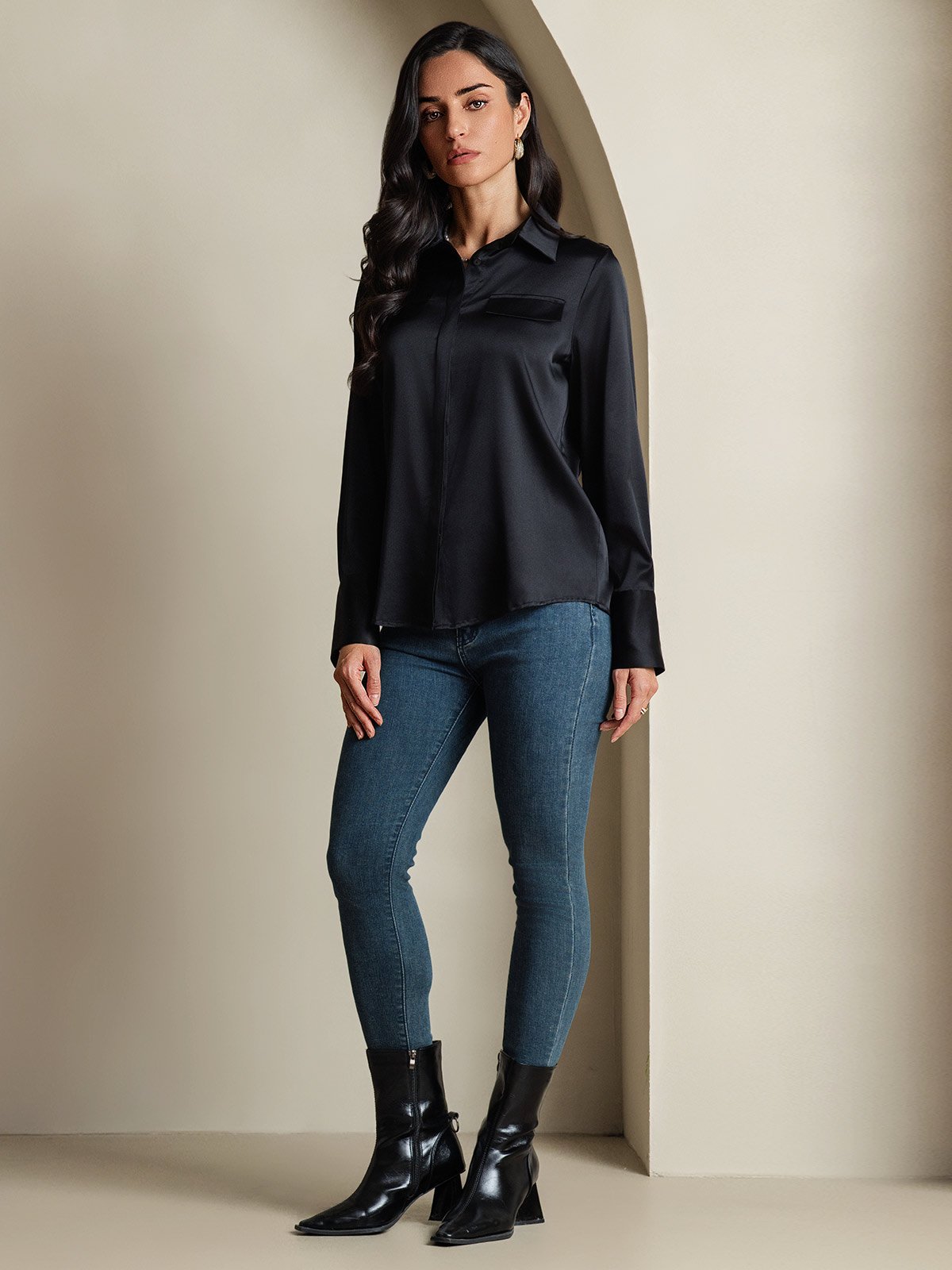 SilkSilky-NO 19Momme Silke Womens Shirt Svart 008
