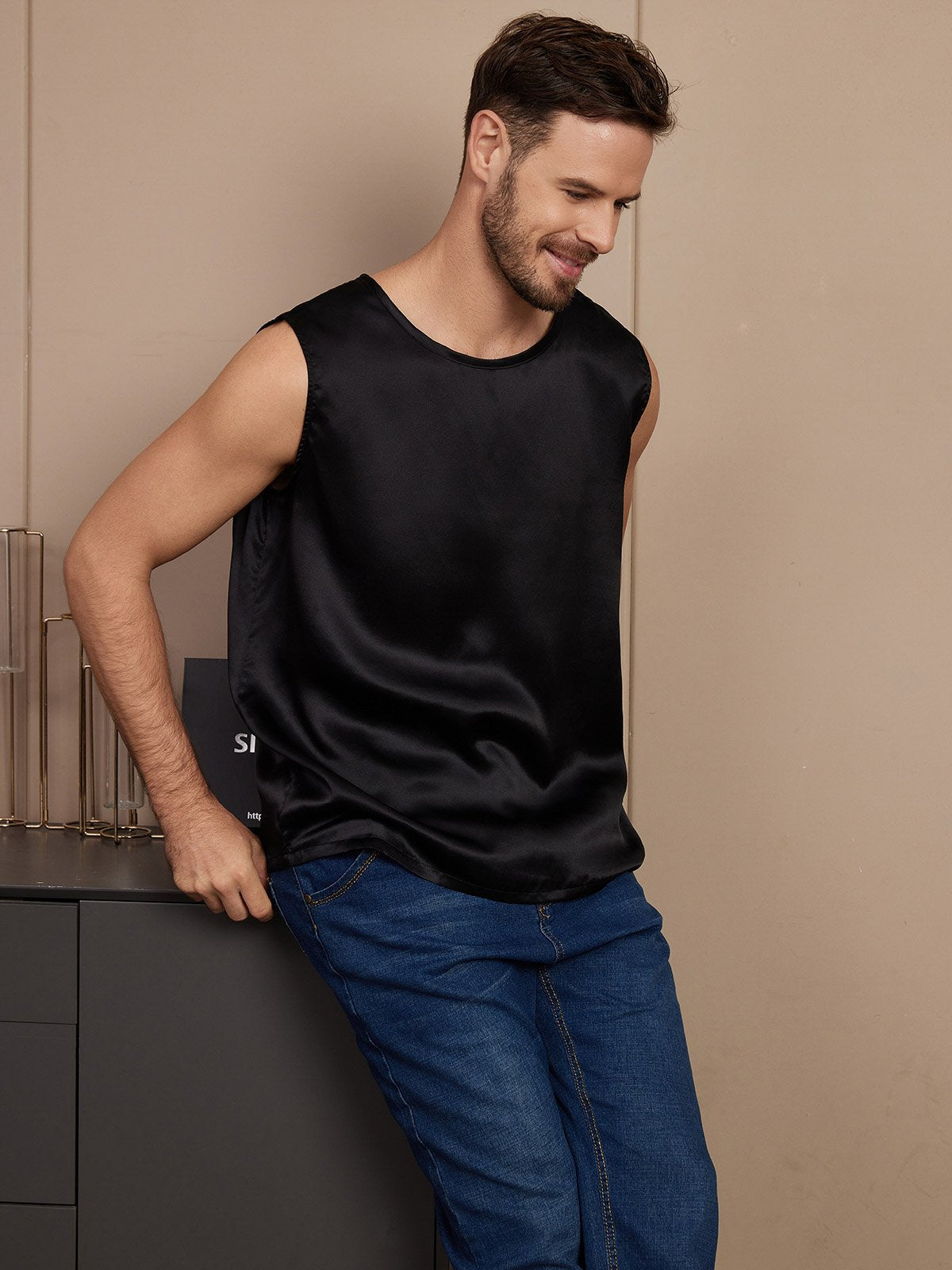 SilkSilky US Pure Silk Sleeveless Mens T Shirt Black 005