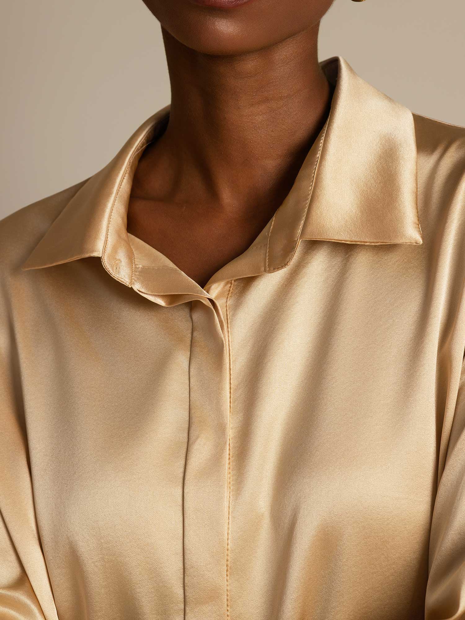 [Champagne] SilkSilky-NO 19Momme Silke Lapel Collar Skjorte for Kvinner 006