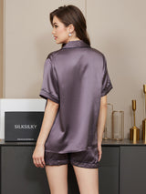 [Lilla Grå] SilkSilky-NO Short Sleeve Lapel Collar Pyjamas for Kvinner 002