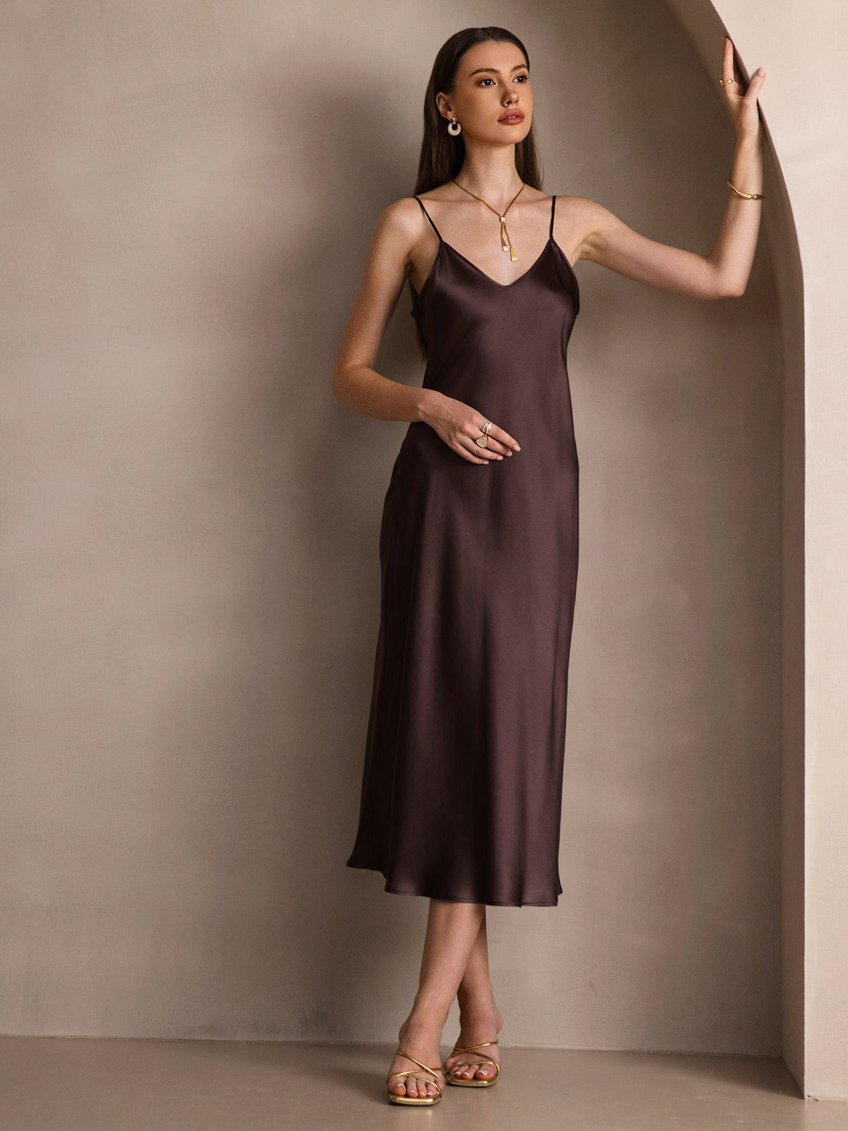 SilkSilky  Pure Silk Sleeveless Round Neck Dress Coffee 006