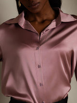 [Blek Mauve] SilkSilky-NO 3/4 Sleeve Lapel Collar Skjorte for Kvinner 008