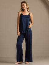 [Mørke blå] SilkSilky-NO 19Momme Spaghetti Stropp Dyp Rund Halsutringning Camisole sett 006