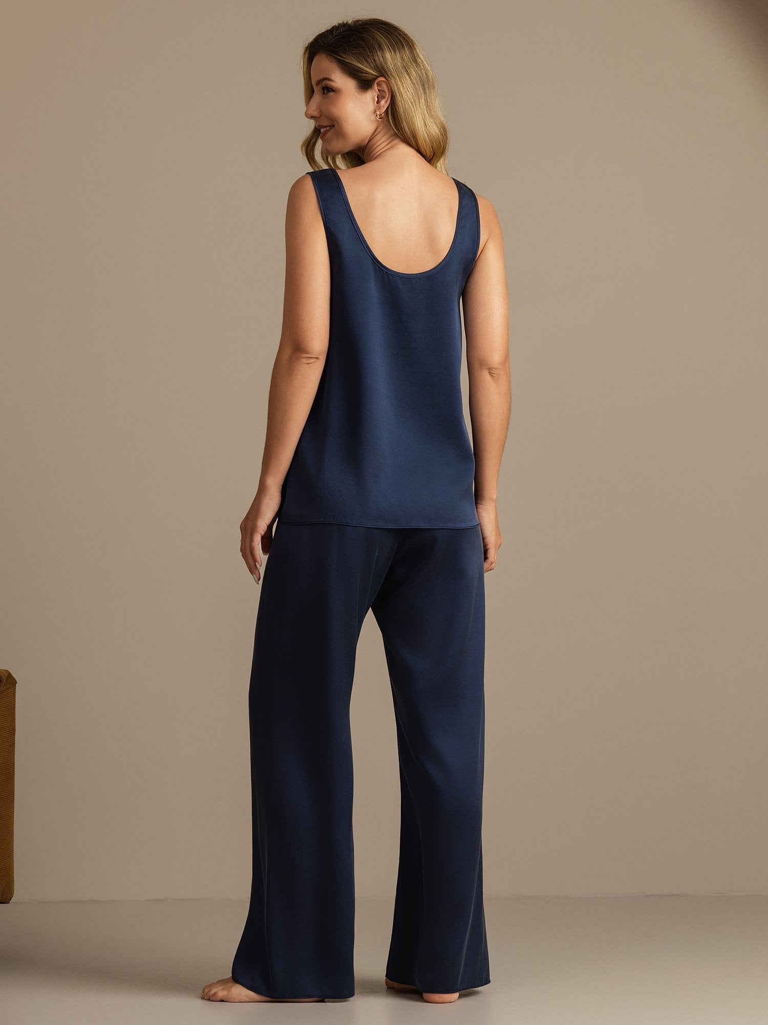 [Mørke blå] SilkSilky-NO 19Momme Silke Womens Pajamas 002,