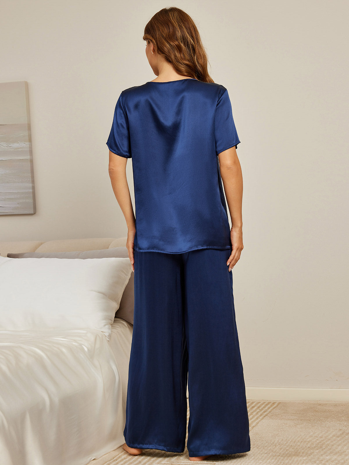 SilkSilky US Pure Silk Short Sleeve Round Neck Women's Pajamas DarkBlue 002