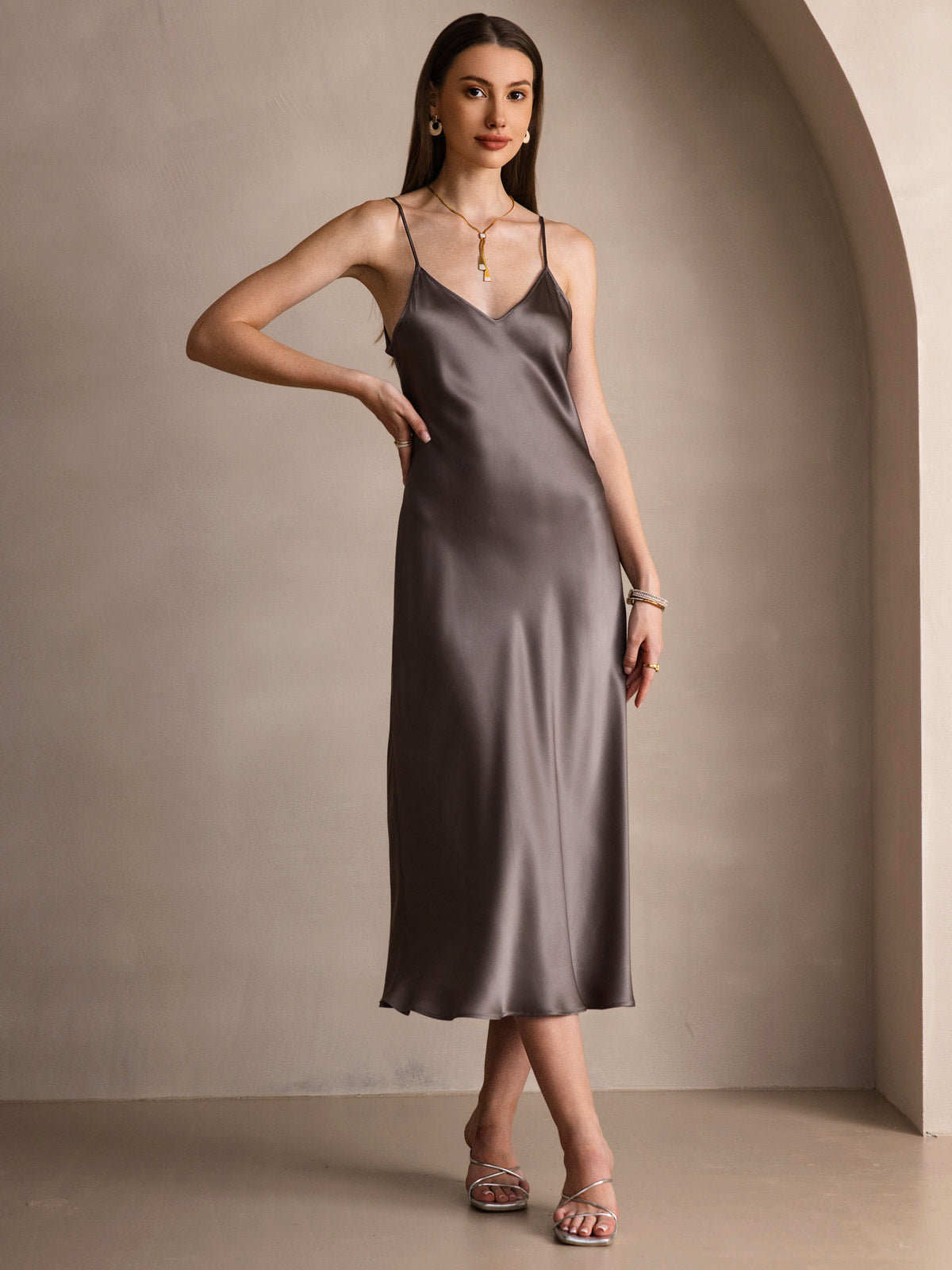 [Mørk Kaki] SilkSilky-NO Pure Silk Sleeveless Round Neck Kjole 005