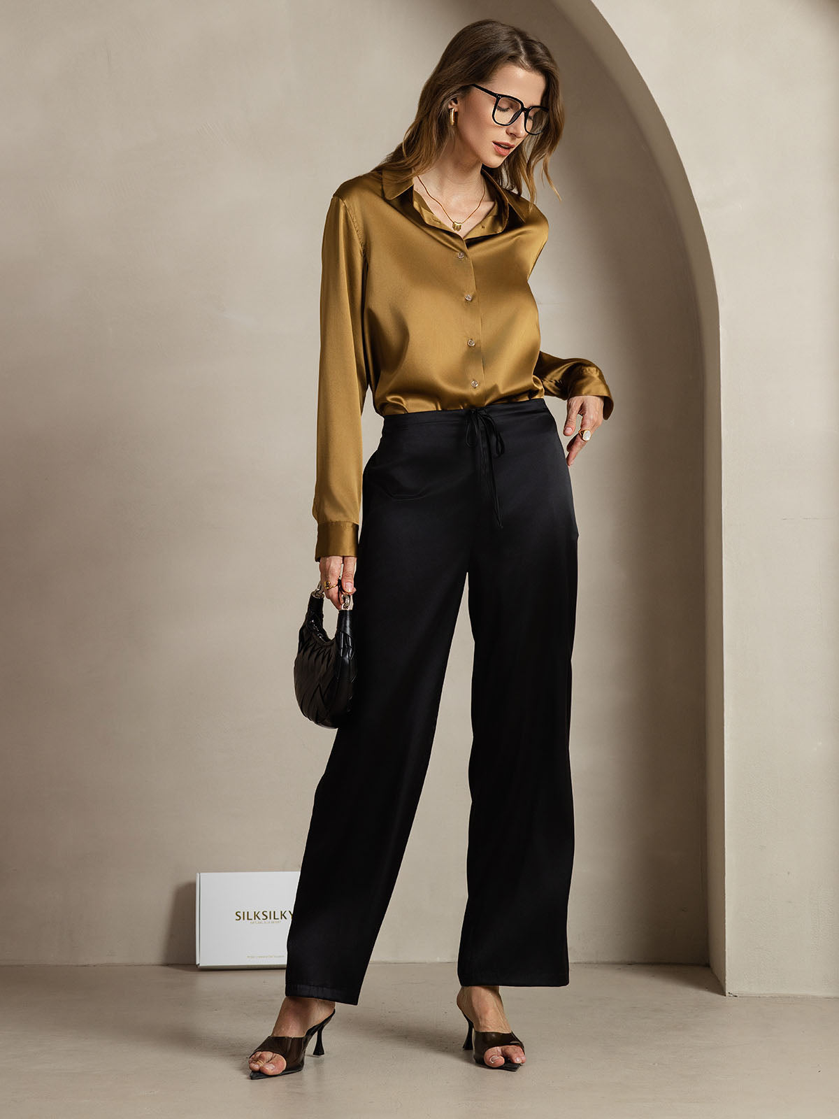 [Bronse] SilkSilky-NO Silke Lapel Collar Skjorte for Kvinner 003