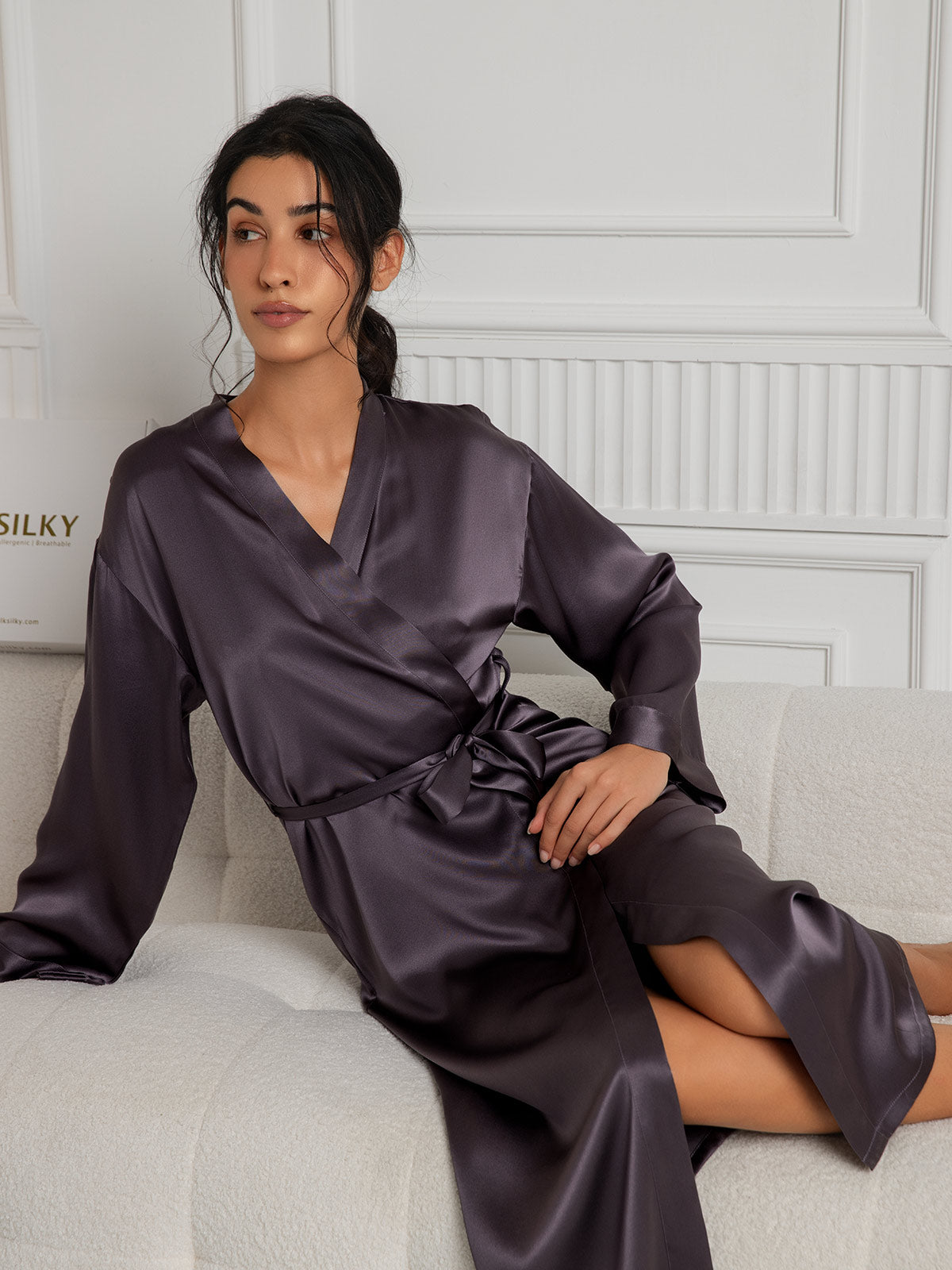 [Lilla Grå] SilkSilky-NO Wrap Morgenkåpe for Kvinner 005
