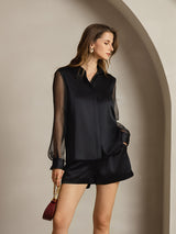 [Svart] SilkSilky-NO Long Sleeve Lapel Collar Skjorte for Kvinner 003