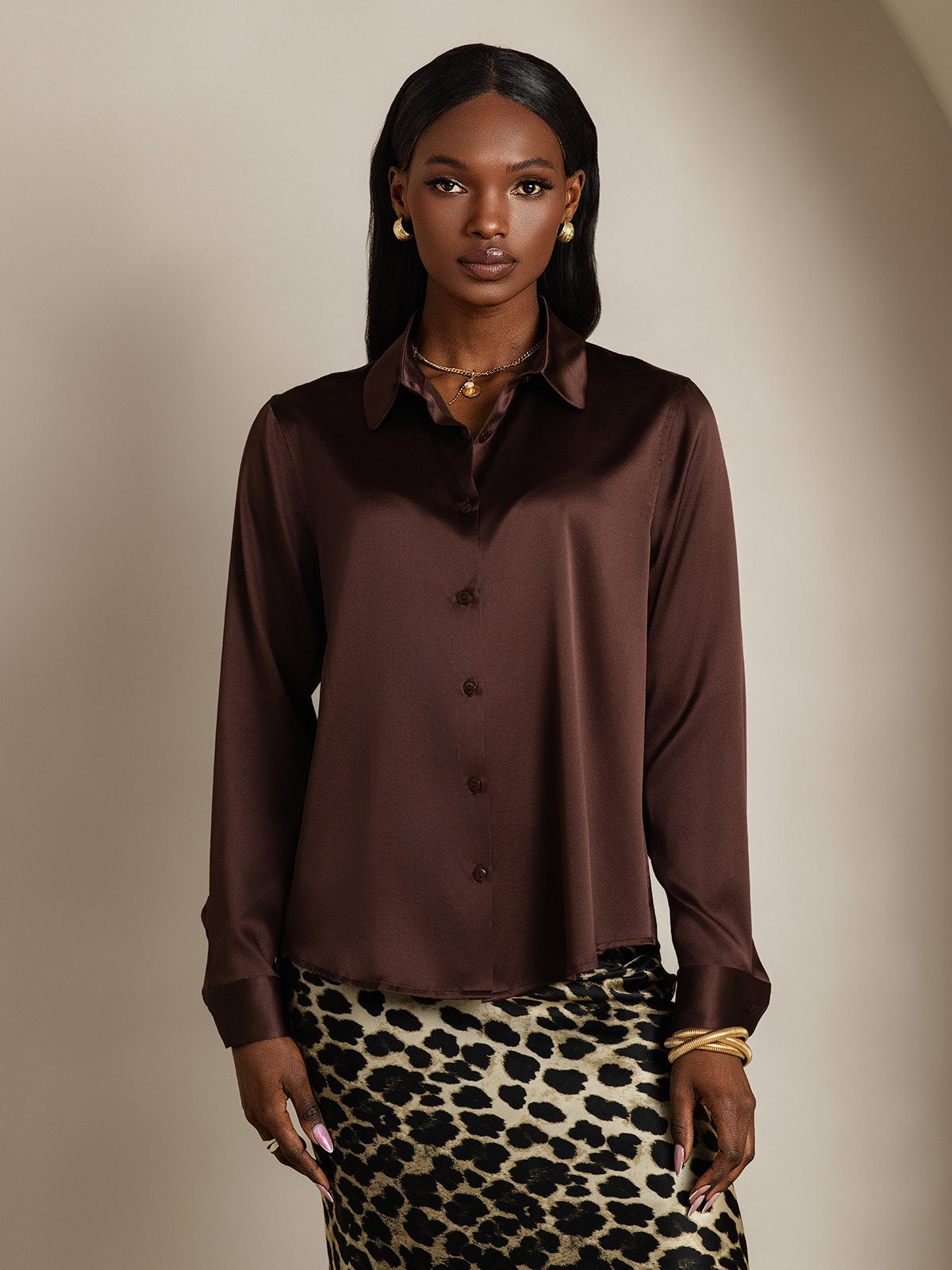 [Brun] SilkSilky-NO Silke Long Sleeve Collar Skjorte for Kvinner 003