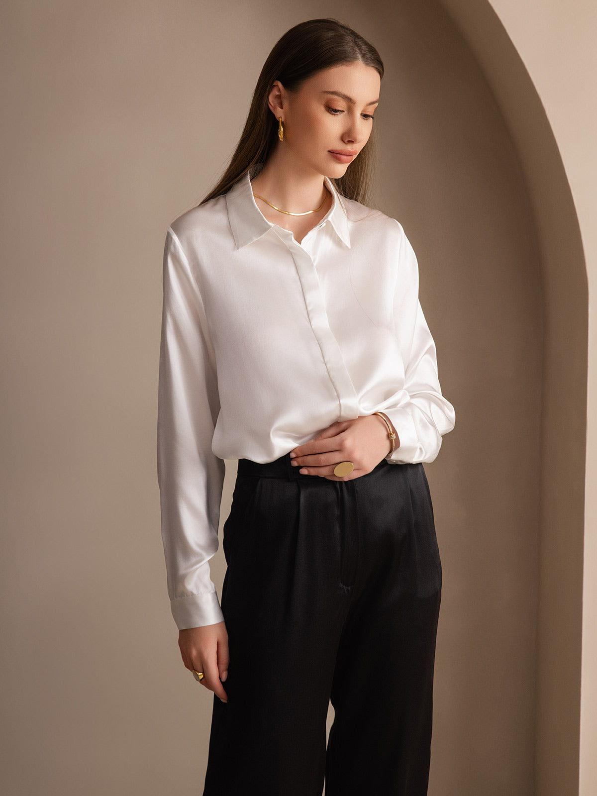 [Hvit] SilkSilky-NO 19Momme Silke Lapel Collar Skjorte for Kvinner 006