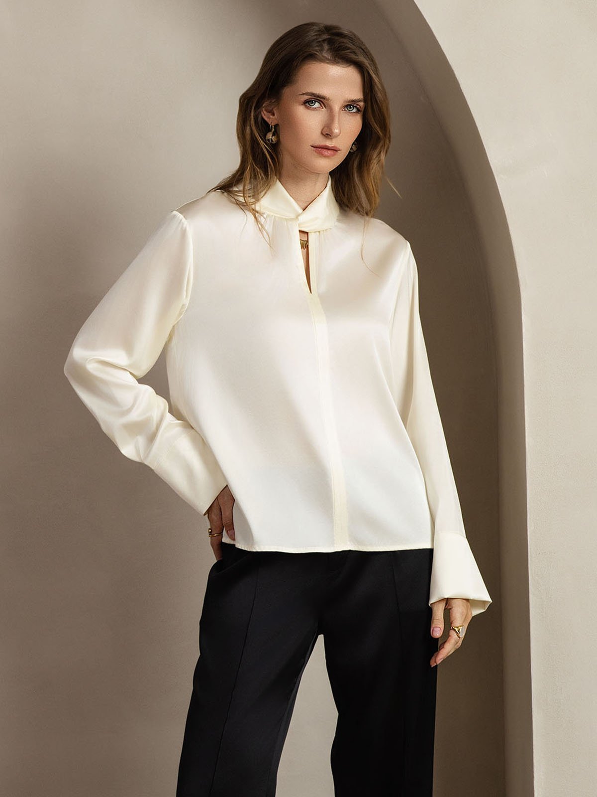 [Elfenbein] SilkSilky-NO 19Momme Silke Womens Shirt 008