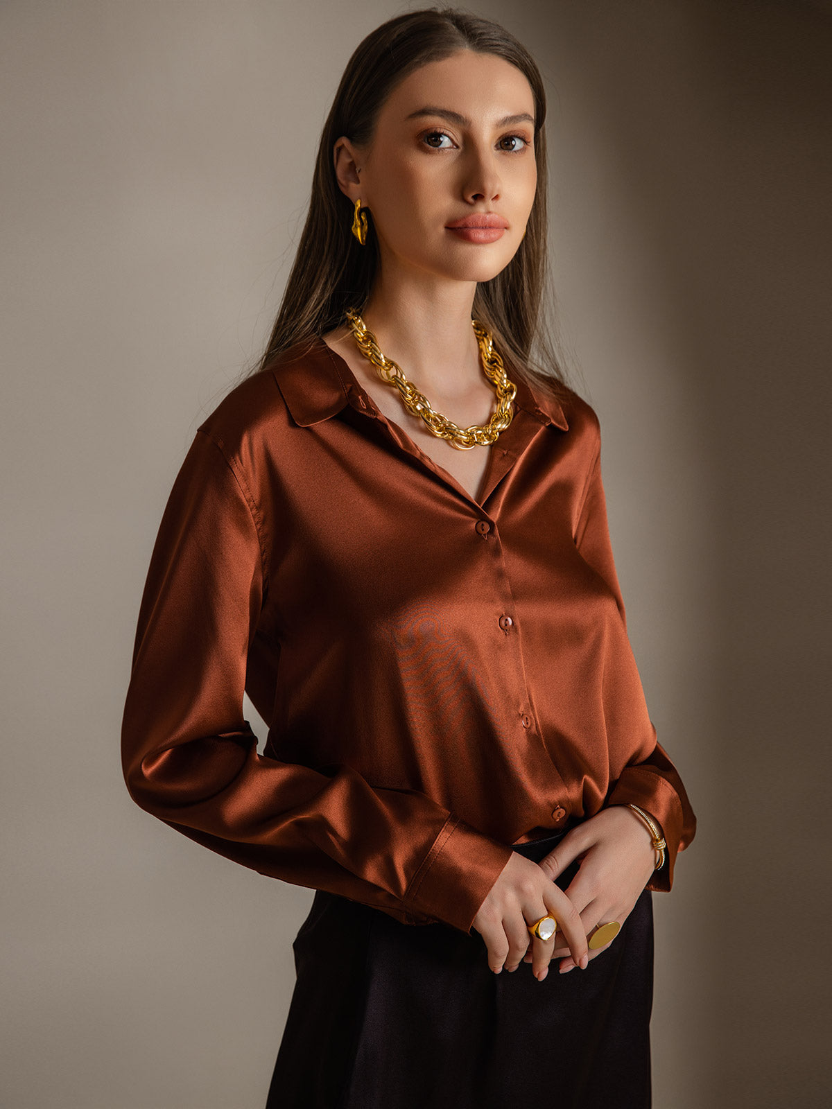 [Kaffe] SilkSilky-NO Silke Long Sleeve Collar Skjorte for Kvinner 003