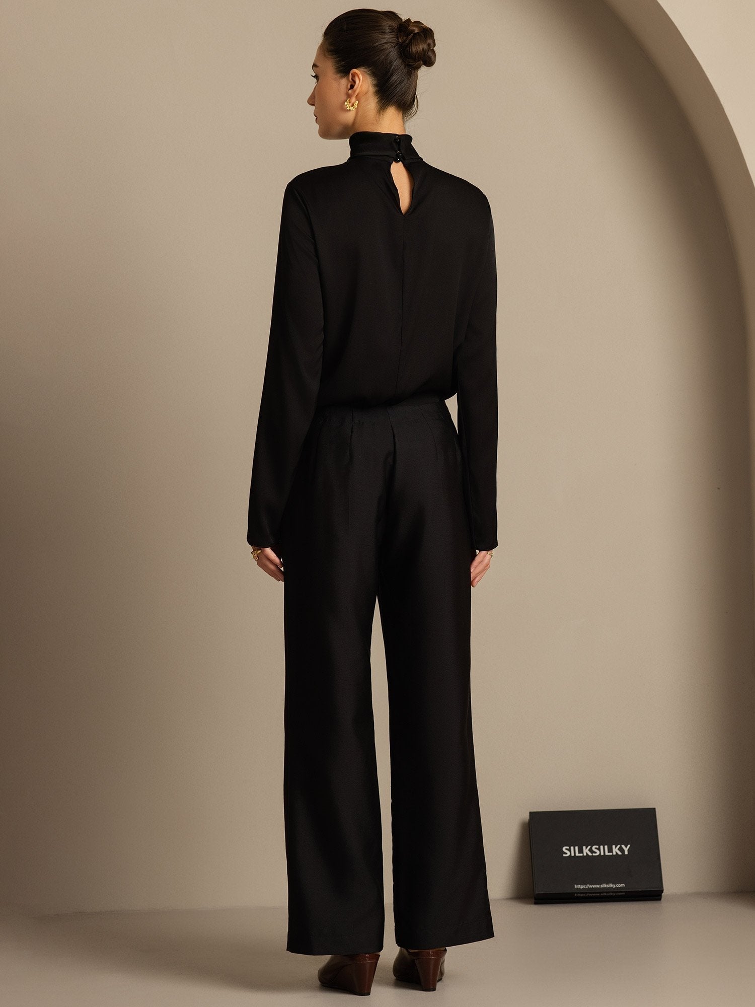 [Svart] SilkSilky-NO 32Momme Silk-Wool Blend Womens Pants 002,