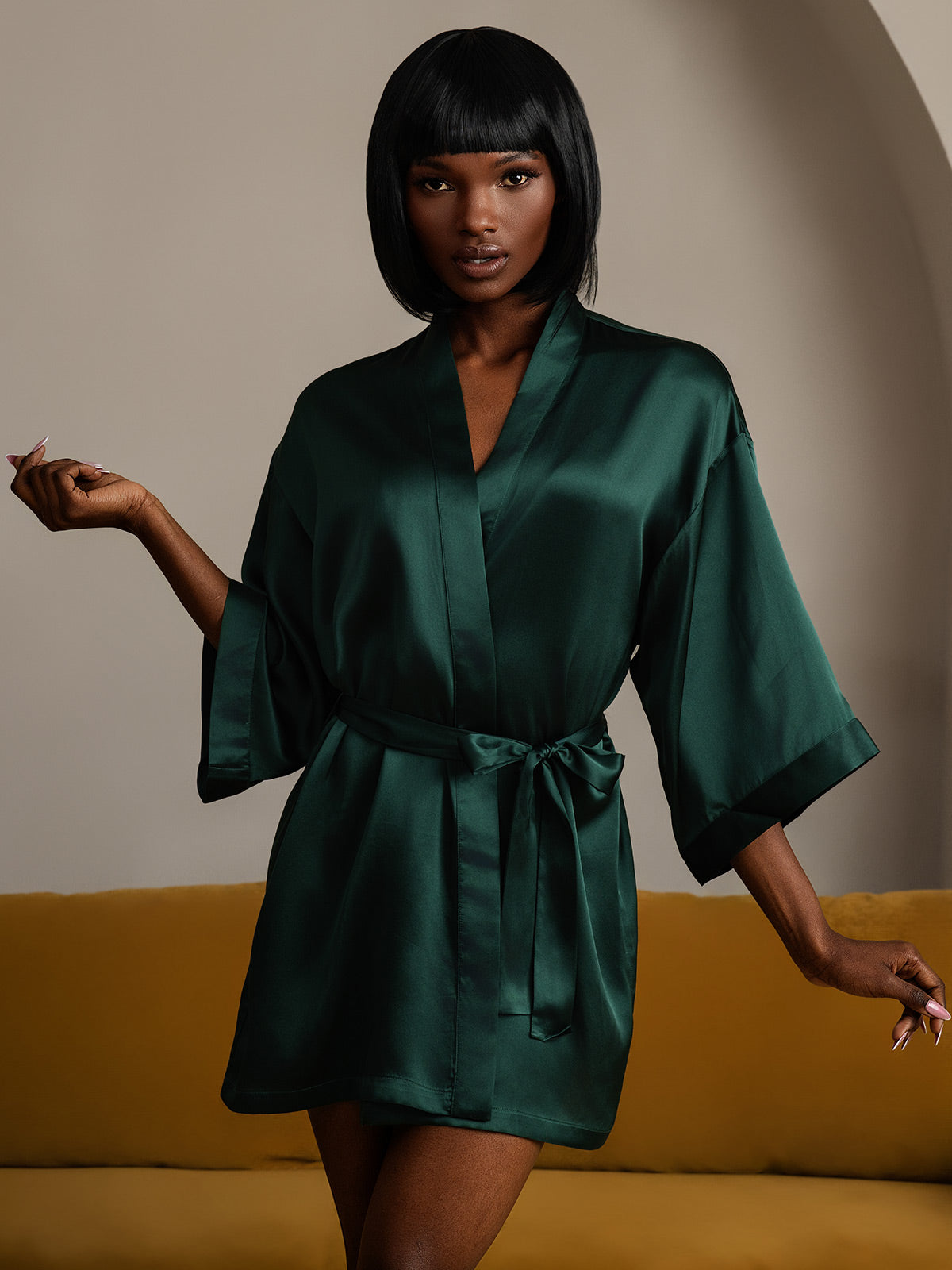 [Mørk Grønn] SilkSilky-NO Pure Silk Half Sleeve Womens Robe 005