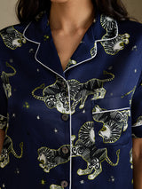 [Marineblå Løve] SilkSilky-NO Short Sleeve Notch Collar Pyjamas for Kvinner 005